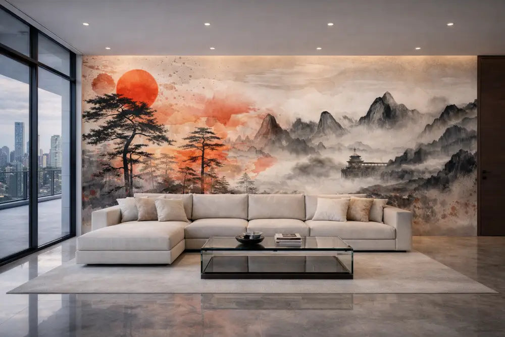 Un canapé sectionnel blanc moderne aux lignes épurées et au design minimaliste, positionné devant une vaste fresque murale de style oriental présentant des soleils orange au-dessus de montagnes brumeuses.