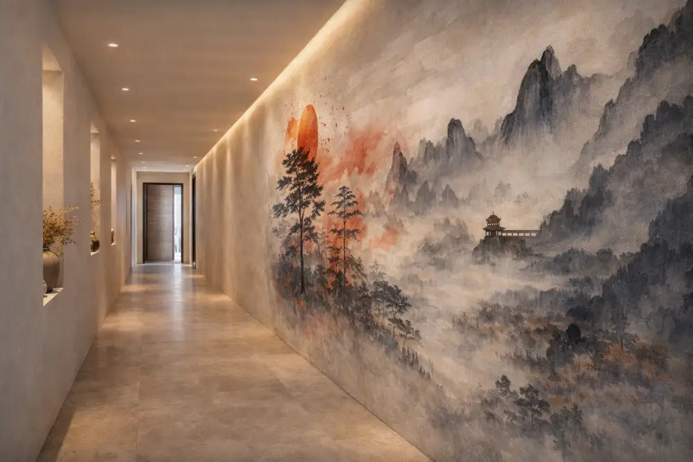 Une grande fresque peinte de manière élaborée représentant un paysage de montagne brumeux avec des techniques traditionnelles chinoises à l’encre lavée et des accents orange chauds.
