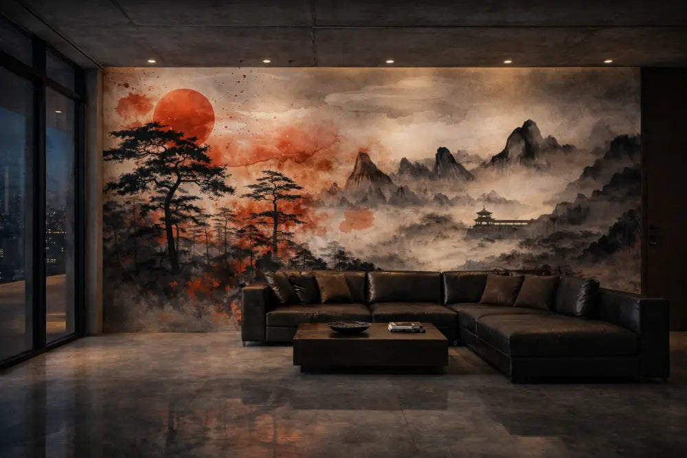 La fresque présente un paysage dramatique dans un style aquarelle à l’encre avec des tons audacieux de rouge et d’orange sur fond de montagnes sombres et de nuages brumeux.