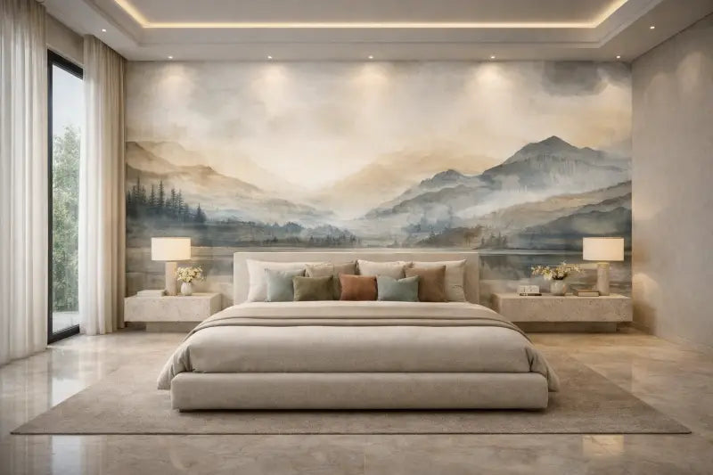 Un lit moderne avec un cadre rembourré élégant en tons beige neutres et literie assortie.