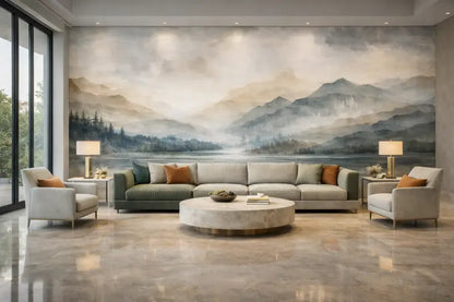 Le salon présente une esthétique moderne et minimaliste avec une grande fresque paisible de paysage montagneux comme élément central.