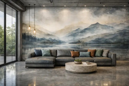 Canapé d’angle en cuir gris avec plusieurs coussins décoratifs dans des tons terreux