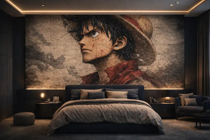 Une grande fresque détaillée de Luffy de One Piece, mettant en vedette son chapeau de paille emblématique et son écharpe rouge sur un fond de carte texturée et vieillie.