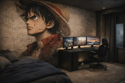 Une grande fresque détaillée d’un personnage aux cheveux noirs et à la casquette de paille peinte sur le mur.