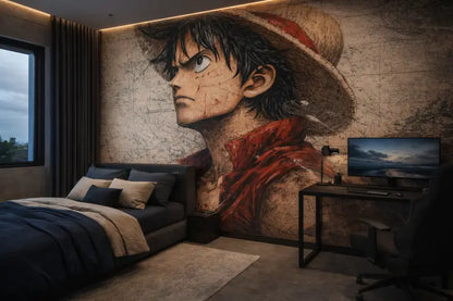 Une grande fresque détaillée de Luffy de One Piece dans un style de carte ancienne usée avec son chapeau de paille emblématique et son écharpe rouge.