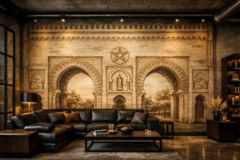 Canapé d’angle en cuir noir avec des coussins décoratifs marron foncé et gris.