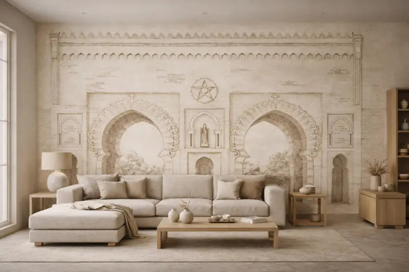 Canapé d’angle beige avec pouf assorti et table basse en bois.