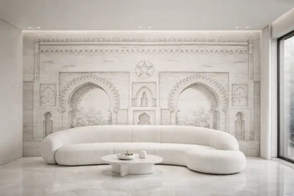 Canapé d’angle courbé blanc avec rembourrage moelleux texturé et design minimaliste