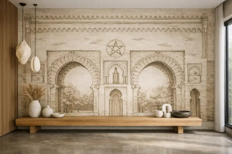 Une frise architecturale de style marocain beige avec des arches élaborées et un emblème central en forme d’étoile.