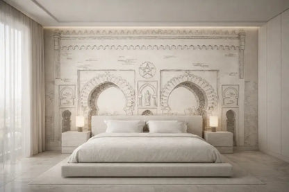 Un lit plat minimaliste blanc avec un cadre à faible profil et des oreillers assortis, posé contre une fresque murale arquée aux détails intricés.