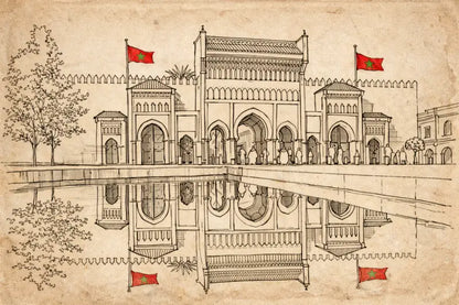 Un dessin au trait noir et blanc détaillé d’un complexe architectural marocain grandiose avec des drapeaux rouges, rendu sur du papier parchemin vieilli.