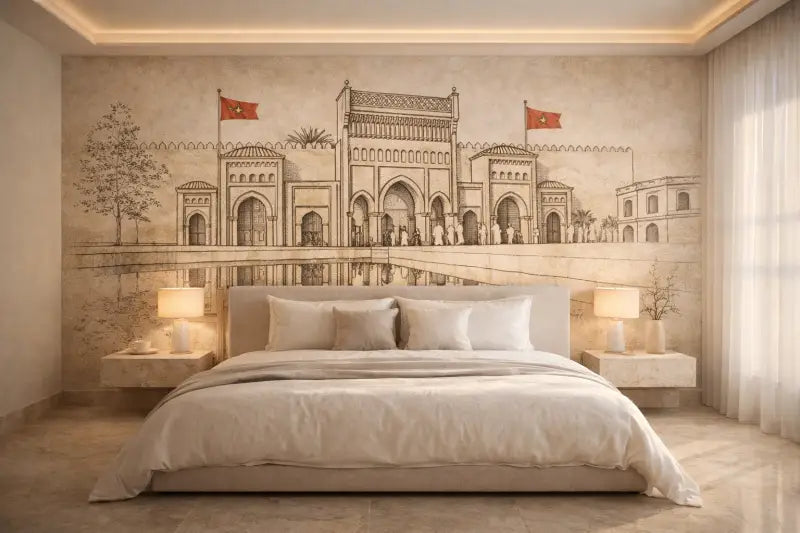 Une fresque architecturale beige, aux détails intricés, présentant une grande arche ornée de drapeaux et de palmiers.