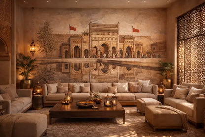 Canapé d’angle beige avec des coussins moelleux et un pouf assorti, disposé autour d’une table basse en bois sombre dans un salon élégamment éclairé.