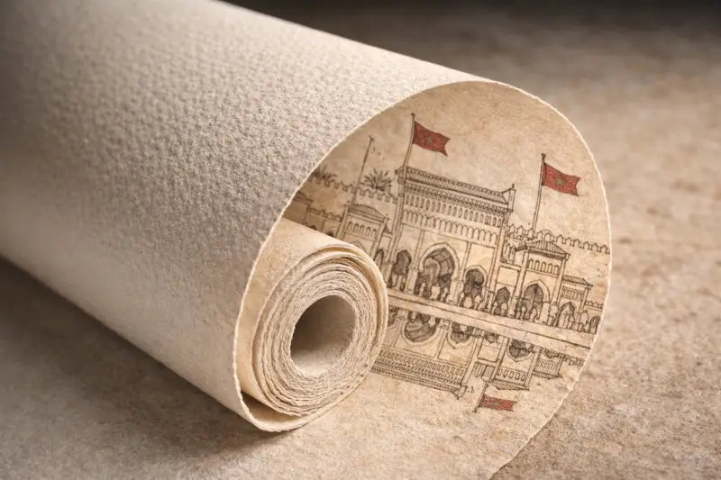Un papier peint texturé beige enroulé présentant une illustration détaillée en noir et rouge d’un bâtiment historique orné avec des drapeaux.