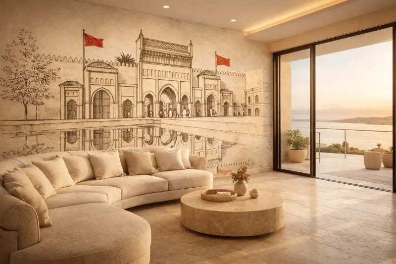 Canapé d’angle beige avec coussins moelleux et design courbé.