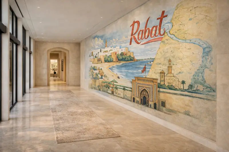 Une fresque détaillée représentant Rabat avec une palette de couleurs beige et bleu, mettant en vedette des monuments architecturaux et des paysages côtiers.