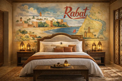 Le lit présente un dossier en bois orné avec un haut courbé, rembourré d’un tissu beige doux et orné de multiples oreillers aux tons blancs et brun chaud.