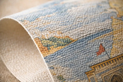 Un tapis texturé, enroulé, présentant un design de paysage détaillé avec des ciels bleus, des collines terreuses et une structure architecturale surmontée d’un drapeau rouge.