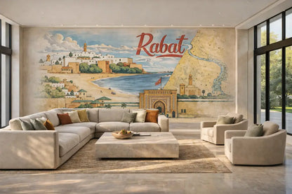 Canapé d’angle beige avec coussins moelleux et un pouf assorti.