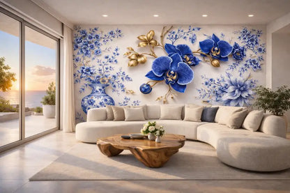Art mural floral bleu et or avec un design de vase en céramique.