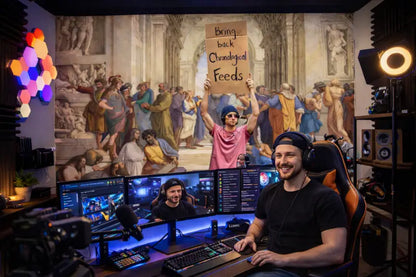 Un homme portant un t-shirt noir et des écouteurs est assis dans un fauteuil de jeu orange à un bureau avec plusieurs moniteurs, claviers et microphones.