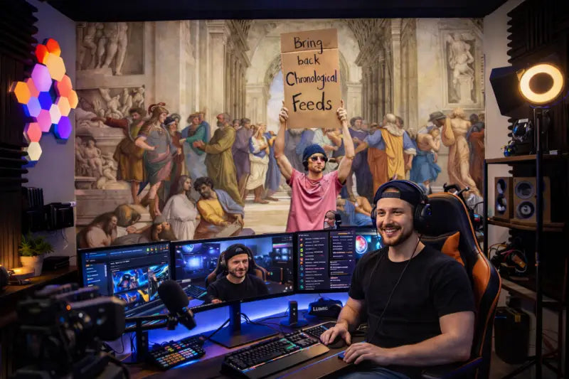Un homme portant un t-shirt noir et des écouteurs est assis dans un fauteuil de jeu orange à un bureau avec plusieurs moniteurs, claviers et microphones.