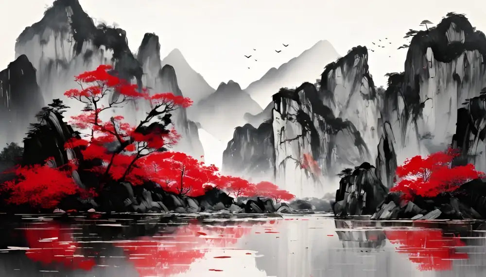 Un arbre érable rouge frappant se détache sur un fond de montagnes brumeuses aux traits d’encre dans cette peinture de paysage chinois traditionnelle.