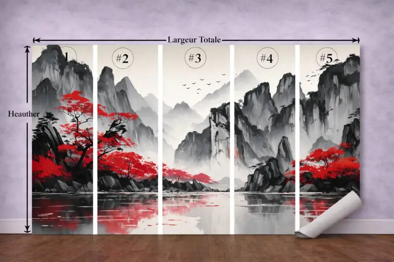 Papier Peint Panoramique Rouge & Montagnes Brumeuses | Mur d’Accent Paysage - PIXARA - papier peints