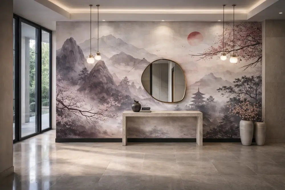 Le mur présente une grande fresque détaillée avec des montagnes brumeuses et des cerisiers en fleurs dans des gris, des roses et des bruns doux.