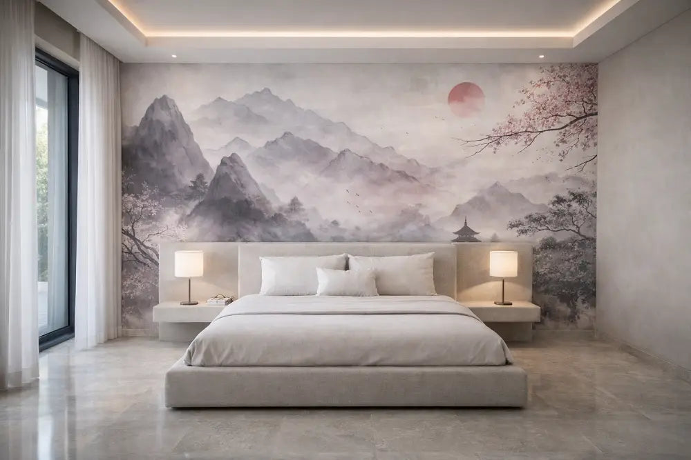 Un lit minimaliste capitonné gris avec un cadre à profil bas et des oreillers blancs assortis.