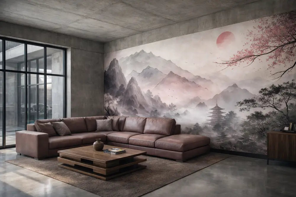 Canapé d’angle en cuir marron avec coussins moelleux et un design moderne et minimaliste.