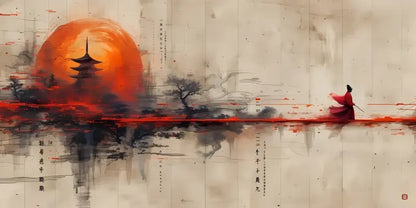 Une silhouette solitaire dans une robe rouge fluide se tient sur une voie d’eau réfléchissante sous un soleil massif, orange ardent, partiellement obscurci par la silhouette d’un ancien pagode.