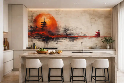 Une grande fresque murale abstraite présentant un soleil orange vibrant se couchant derrière une silhouette de pagode traditionnelle sur un fond beige texturé.