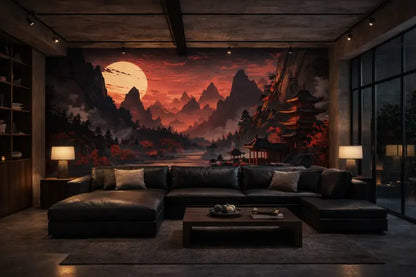 Un pagode chinois traditionnel rouge et noir avec des toits en étages se trouve au bord d’un lac tranquille sous un coucher de soleil rose vibrant.