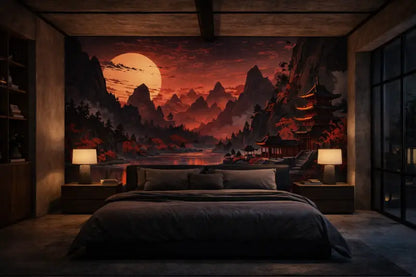 La fresque représente un coucher de soleil dramatique au-dessus de montagnes stylisées et d’architecture traditionnelle est-asiatique, rendue en riches rouges, oranges et ombres profondes.
