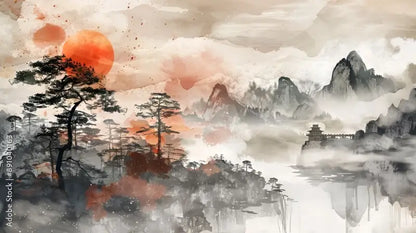 Une peinture traditionnelle à l’encre et à l’eau représentant un paysage de montagne serein avec des pics brumeux, des pins se découpant sur un soleil orange, et un pagodon distant se reflétant dans des eaux calmes.