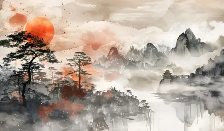 Une peinture traditionnelle à l’encre et à l’eau représentant un paysage de montagne serein avec des pics brumeux, des pins se découpant sur un soleil orange, et un pagodon distant se reflétant dans des eaux calmes.
