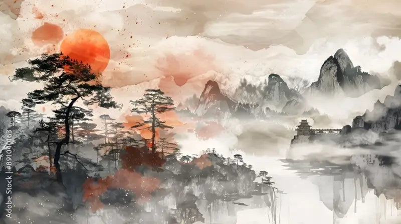 Une peinture traditionnelle à l’encre et à l’eau représentant un paysage de montagne serein avec des pics brumeux, des pins se découpant sur un soleil orange, et un pagodon distant se reflétant dans des eaux calmes.