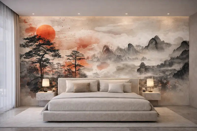 Un lit serein et minimaliste avec un cadre rembourré gris élégant et des oreillers assortis repose contre une vaste fresque murale représentant des montagnes brumeuses sous un coucher de soleil orange chaleureux.