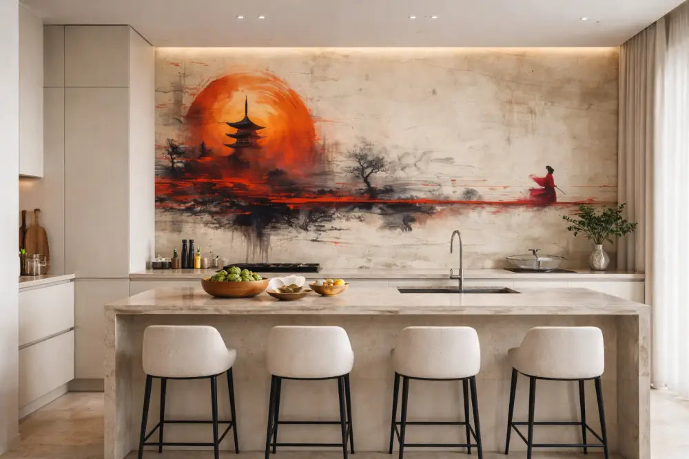 Une grande fresque murale abstraite présentant un soleil orange vibrant se couchant derrière une silhouette de pagode traditionnelle sur un fond beige texturé.