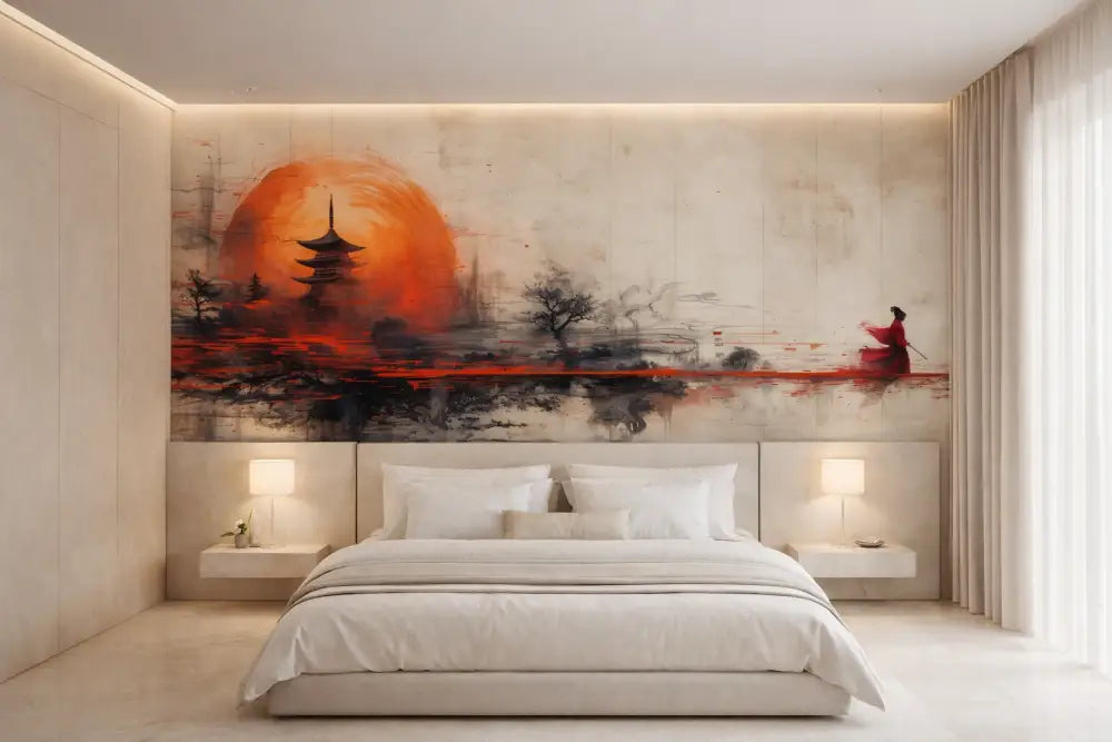 Une chambre à coucher sereine et minimaliste présente une fresque saisissante d’un coucher de soleil orange au-dessus d’une pagode avec des arbres et des figures en robes rouges en silhouette.