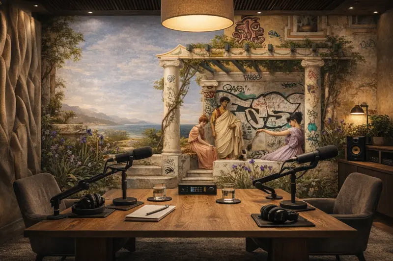 L’image présente une table en bois avec deux supports de microphone noirs, chacun portant un micro de qualité professionnelle.