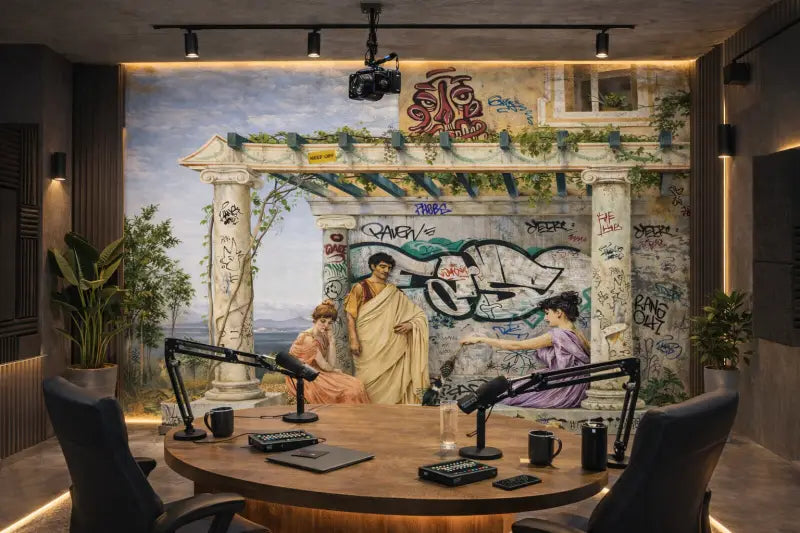 L’image présente une table ronde en bois avec des chaises de bureau noires, des microphones sur des bras ajustables, et divers équipements d’enregistrement disposés soigneusement pour un podcast ou une diffusion.