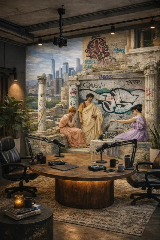 Une table ronde en bois rustique avec une base cylindrique, dotée d’un éclairage intégré et supportant des microphones, des claviers, des tasses et d’autres accessoires de bureau essentiels.