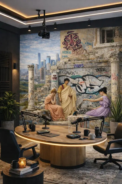 Table ronde en bois avec éclairage intégré et chaises de bureau noires autour