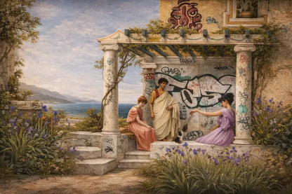 Une peinture classique représentant trois figures en tenue antique sous une pergola en pierre, avec des fleurs violettes vibrantes et des murs couverts de graffitis.