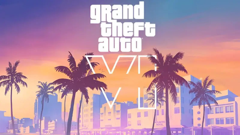 Logo de Grand Theft Auto V affiché en blanc sur un arrière-plan de coucher de soleil stylisé avec des palmiers et des bâtiments.