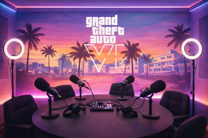 L’image présente une table ronde de couleur foncée avec quatre microphones noirs sur pieds et deux paires de casques audio reposant à proximité.