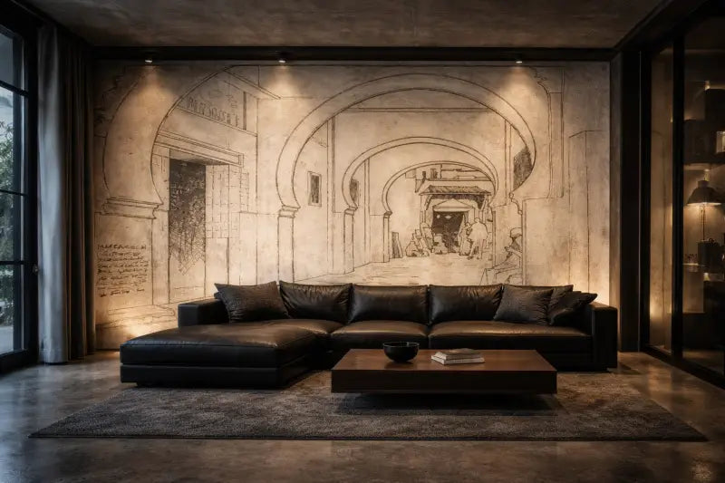 Canapé d’angle en cuir noir avec un design élégant et moderne et des coussins moelleux.