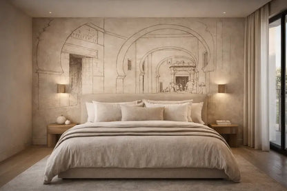 Lit capitonné beige avec des oreillers assortis et un édredon doux et texturé.